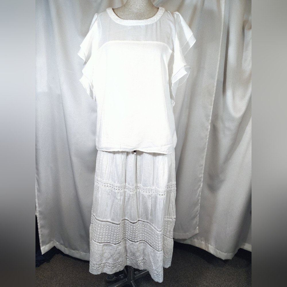 Nation AK Outfits Maxi Skirt TAG+Loft Short Sleeve Blouse,Crochet Lace/Cotton, L